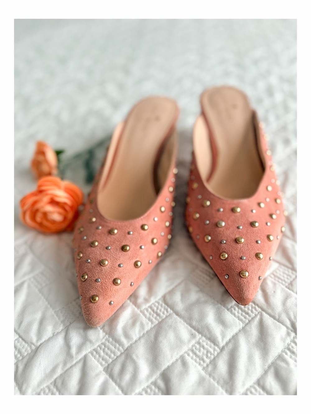 Kate Spade New York Pink Suede Studded Kitten Heel Mule Pumps Size 8M